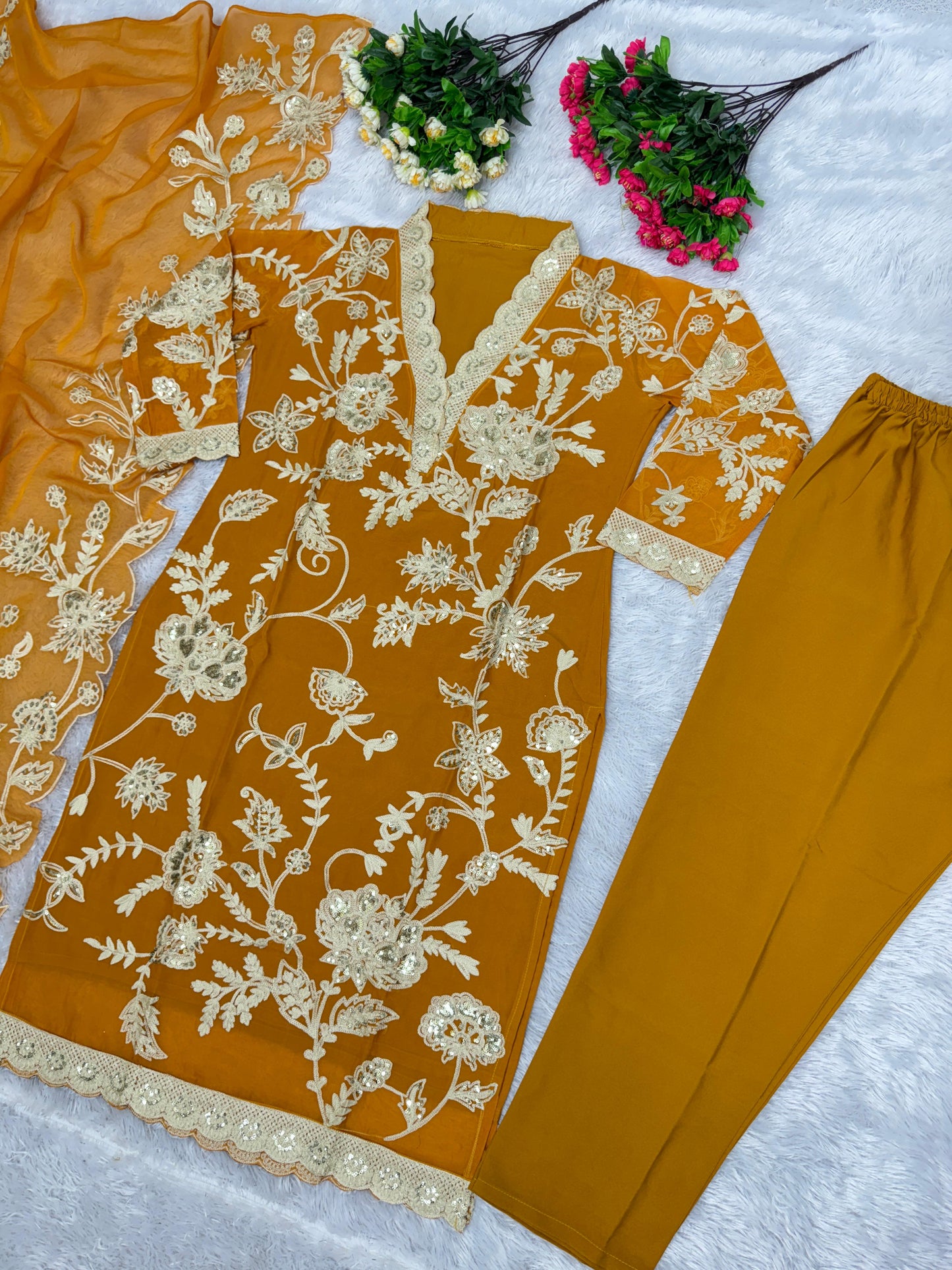 Mustard Color Thread Sequence Work Salwar Suit