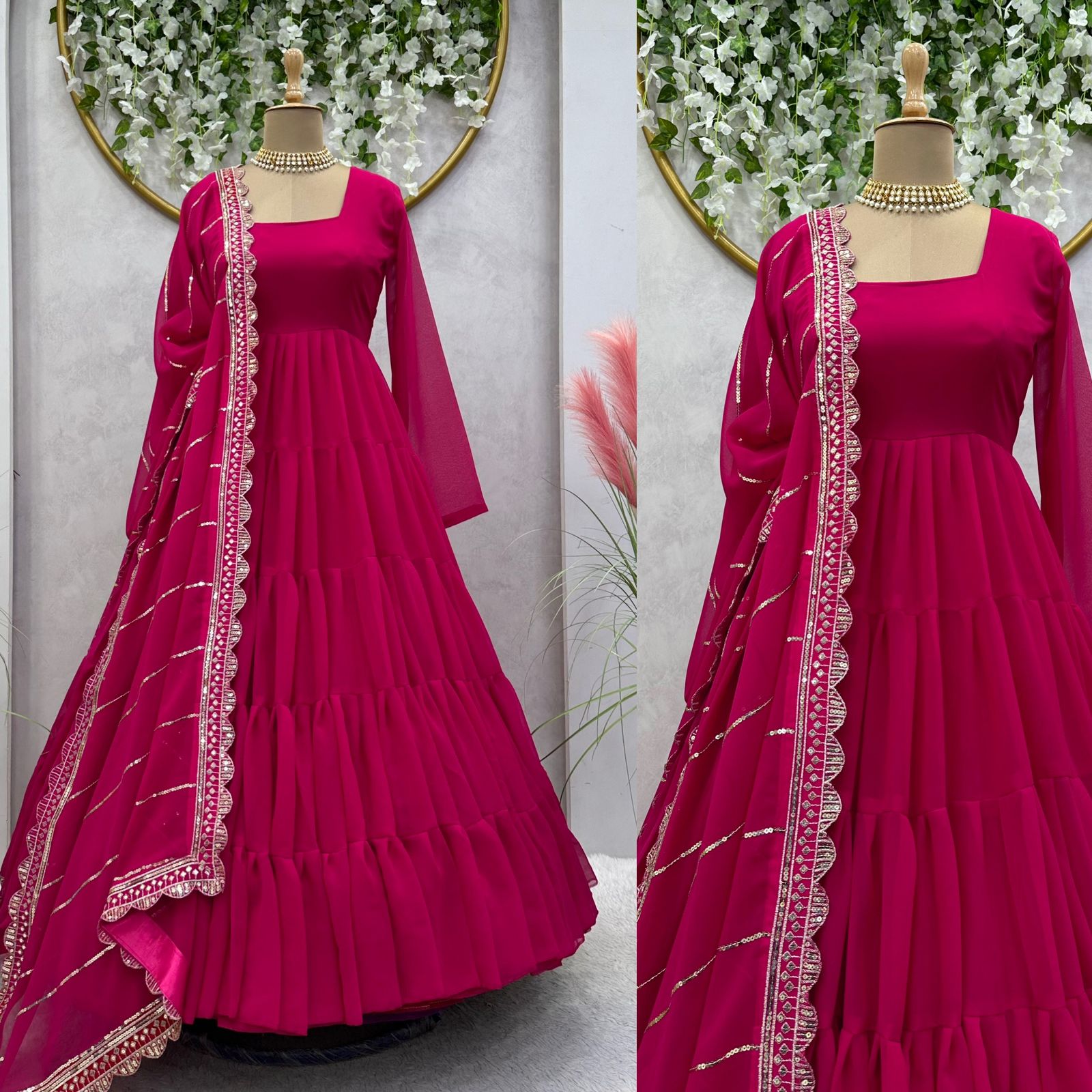 Fabulous Dark Pink Color Ruffle Gown With Work Dupatta
