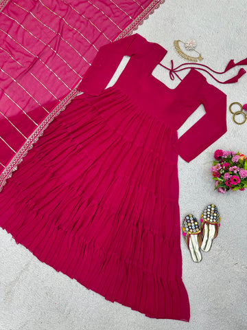 Fabulous Dark Pink Color Ruffle Gown With Work Dupatta