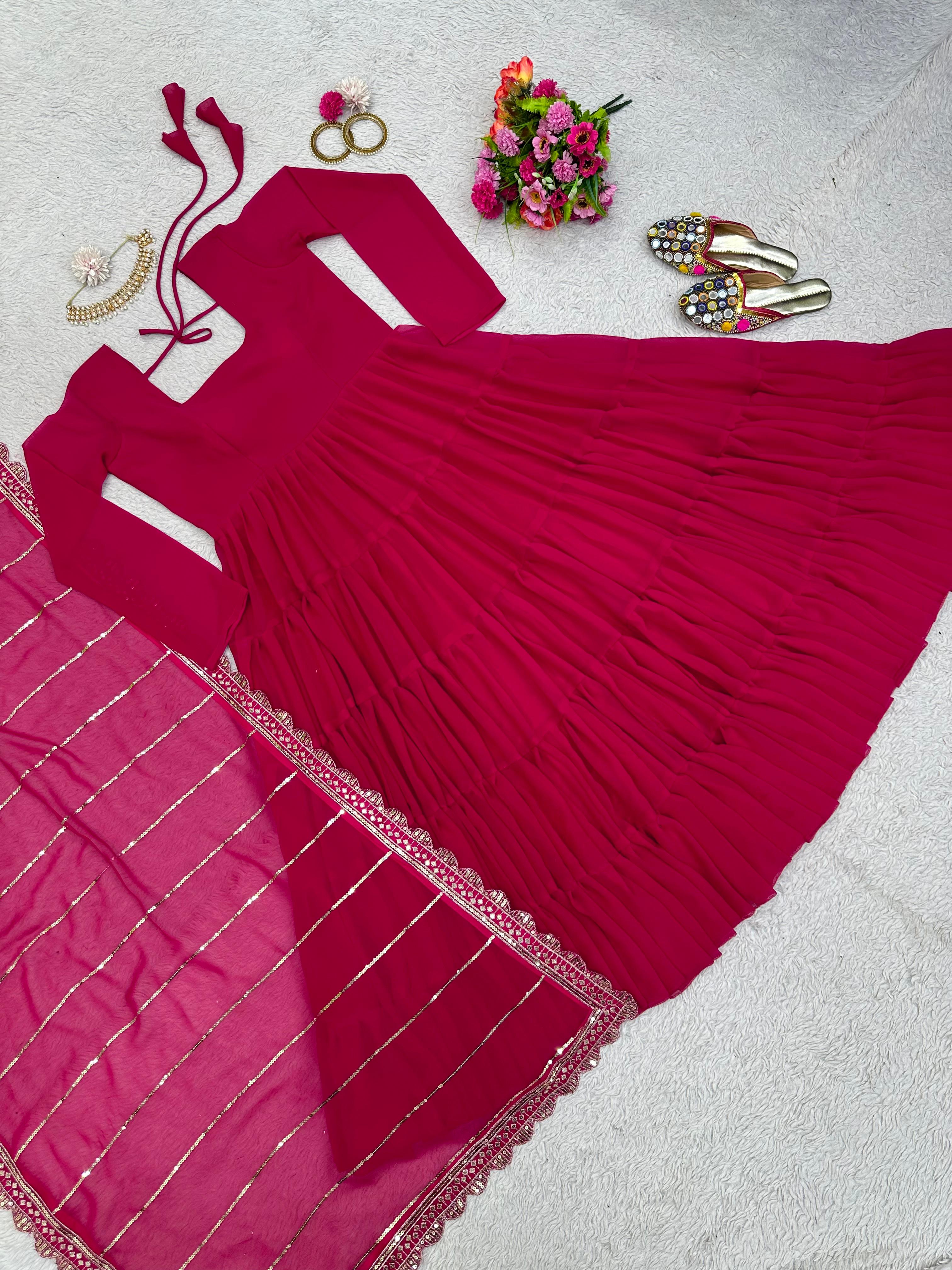 Fabulous Dark Pink Color Ruffle Gown With Work Dupatta