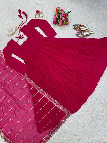 Fabulous Dark Pink Color Ruffle Gown With Work Dupatta