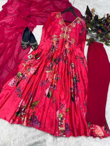 Trendy Embroidery Sequence Work Red Anarkali Suit