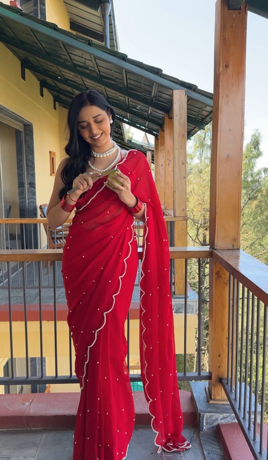 Pearl With Cutwork Border Red Ready To Wear Saree