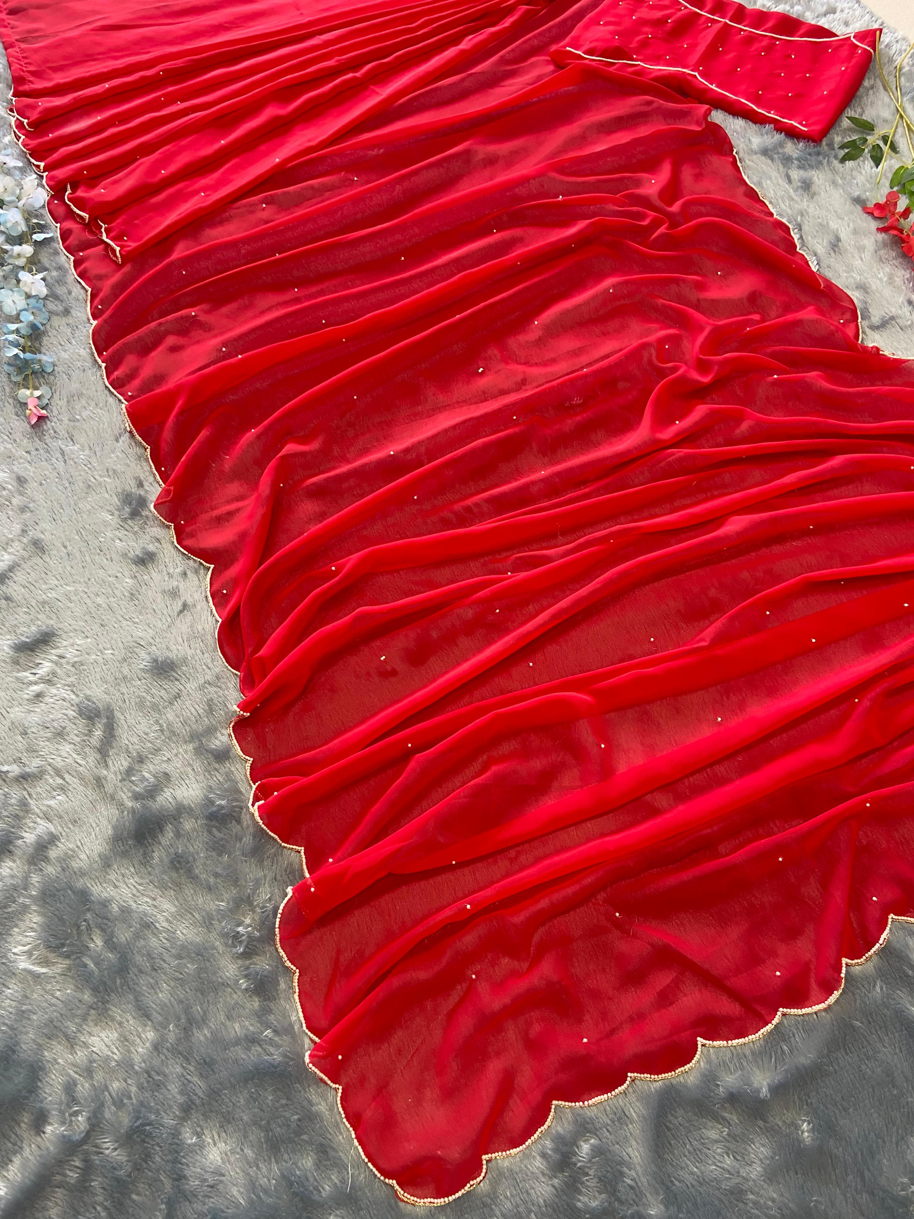 Pearl With Cutwork Border Red Ready To Wear Saree