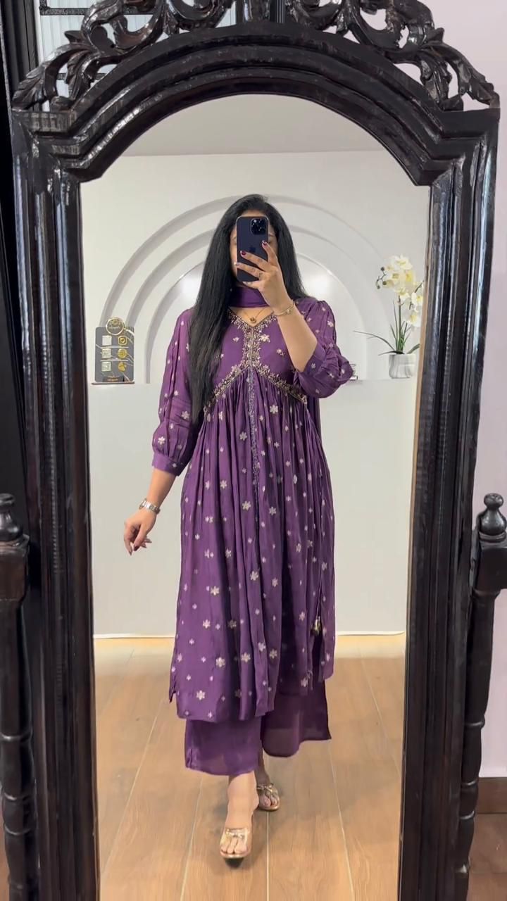 Trendy Purple Color Sequence Work Printed Aliya Cut Suit