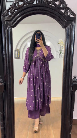 Trendy Purple Color Sequence Work Printed Aliya Cut Suit