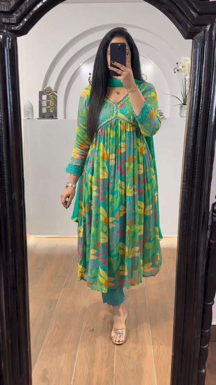 Trendy Aqua Blue Color Sequence Work Printed Aliya Cut Suit