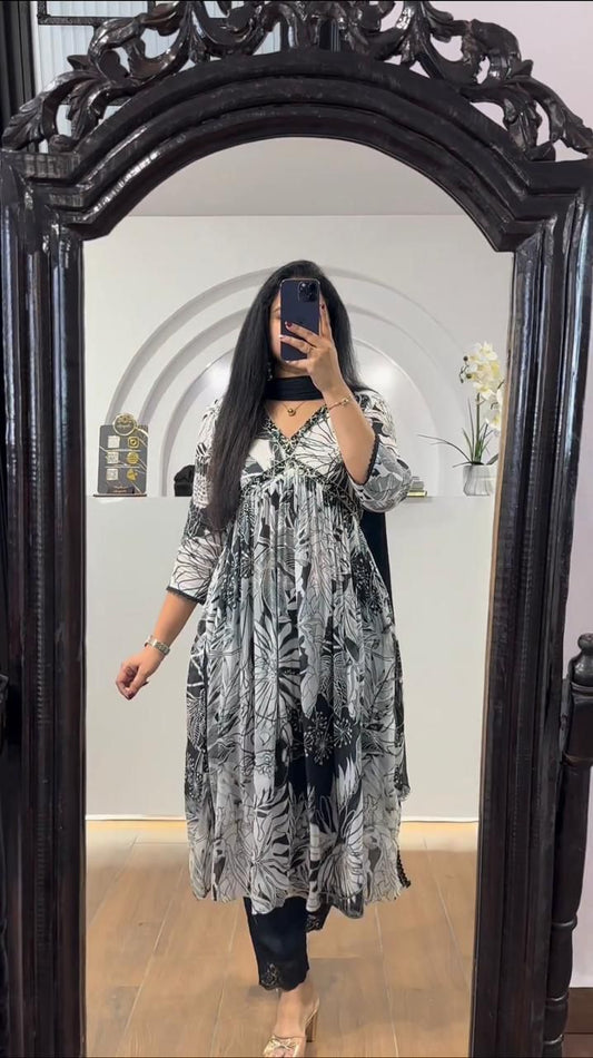 Trendy Black And White Color Sequence Work Printed Aliya Cut Suit
