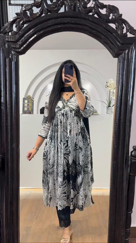 Trendy Black And White Color Sequence Work Printed Aliya Cut Suit