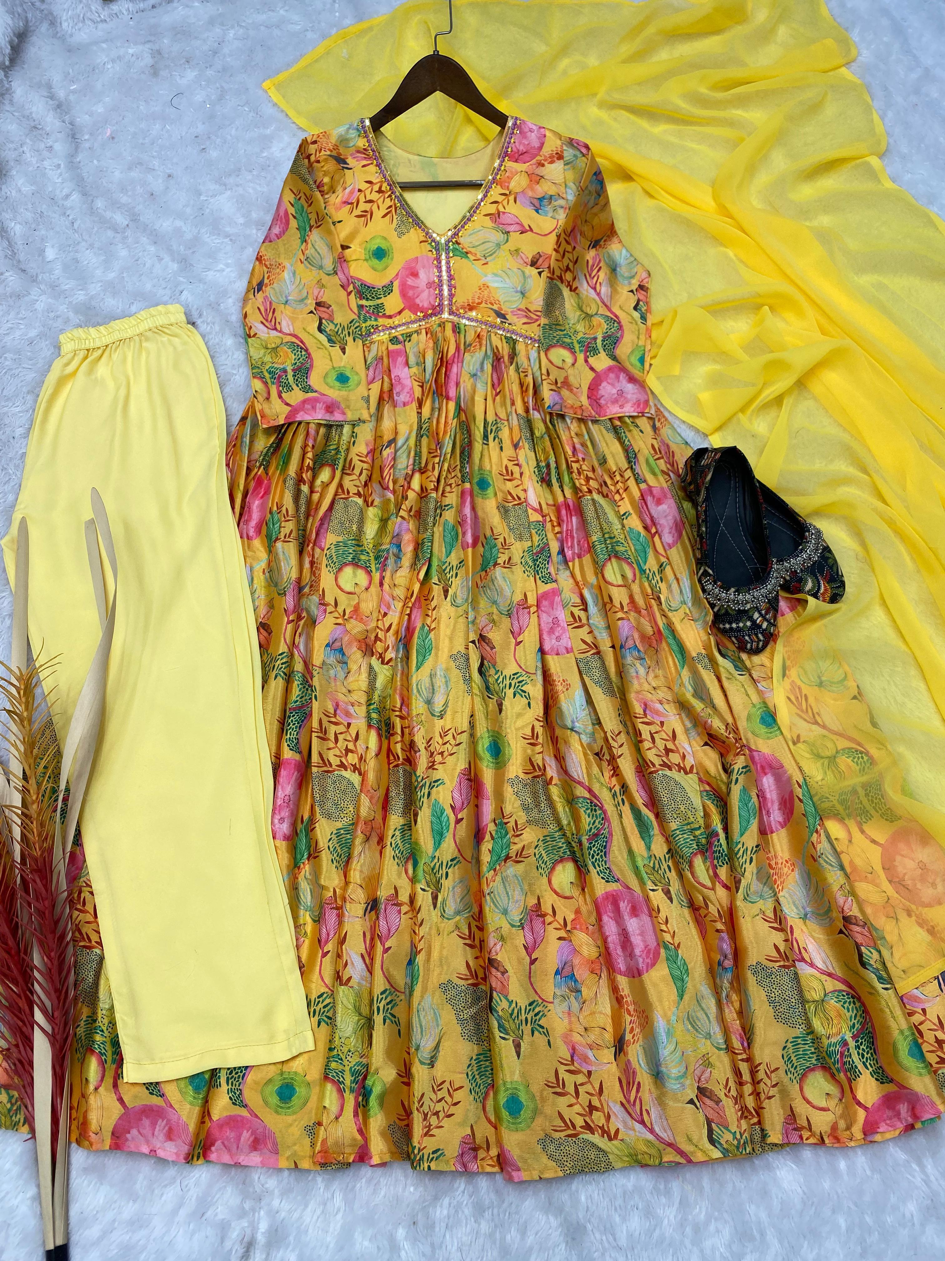 Trendy Yellow Color Sequence Work Printed Aliya Cut Suit