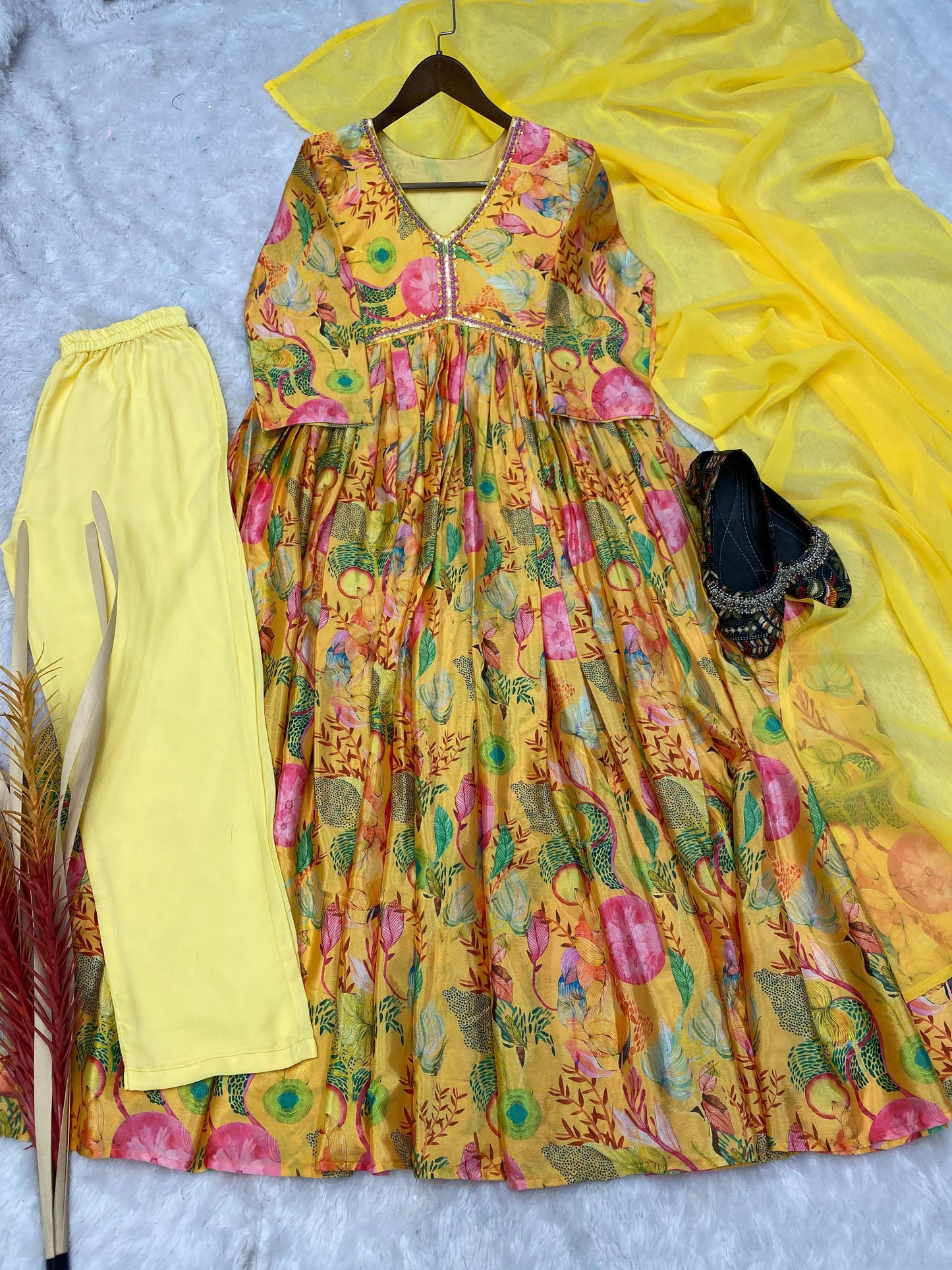 Trendy Yellow Color Sequence Work Printed Aliya Cut Suit