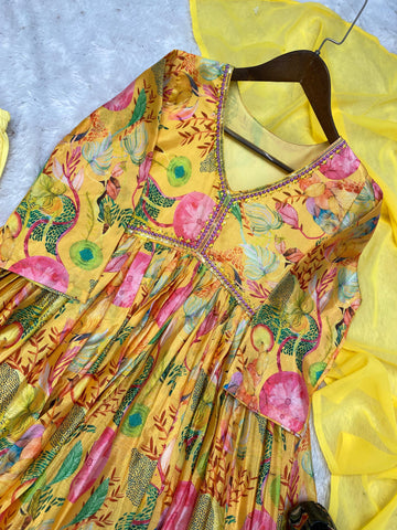Trendy Yellow Color Sequence Work Printed Aliya Cut Suit