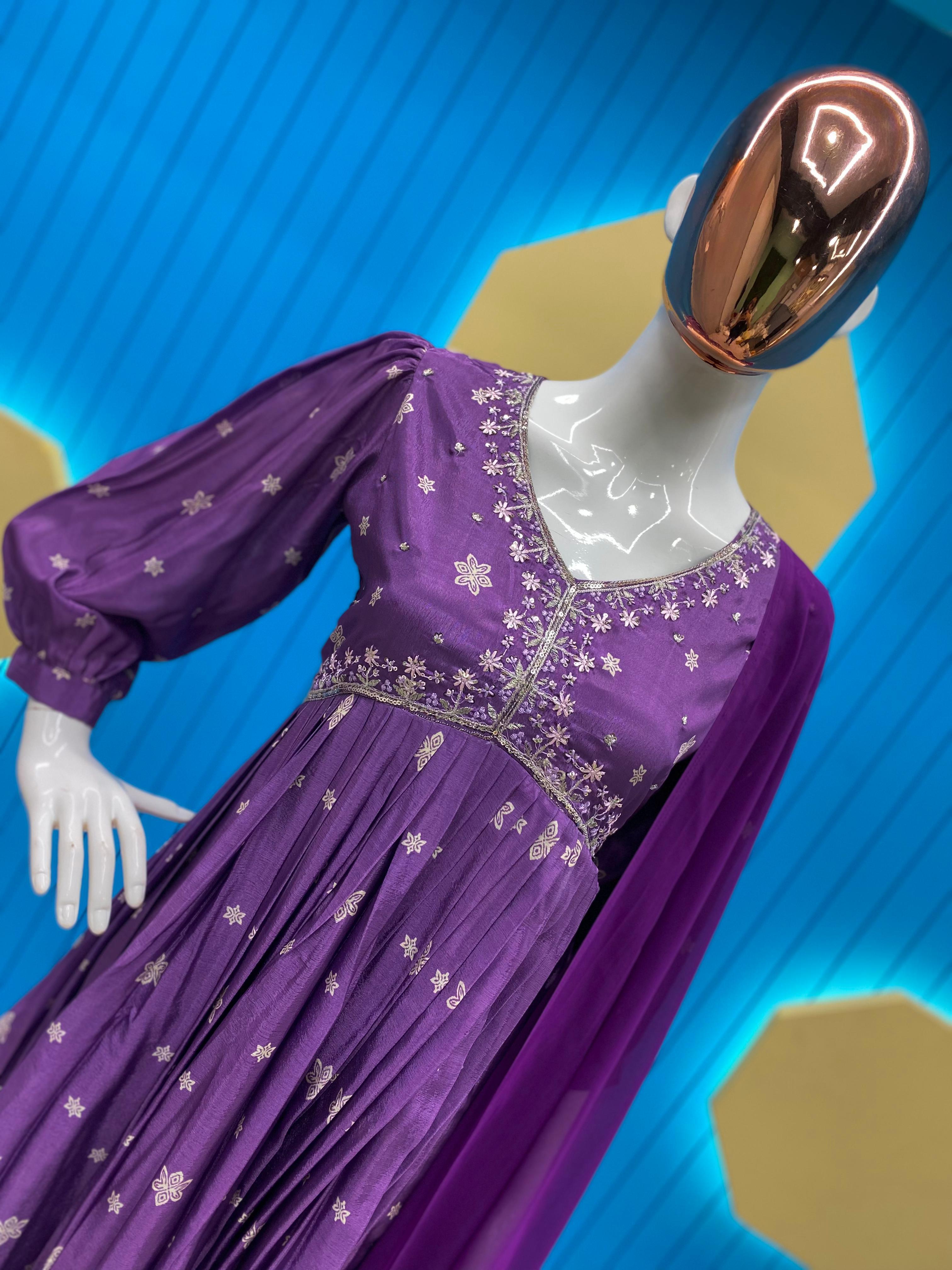 Trendy Purple Color Sequence Work Printed Aliya Cut Suit