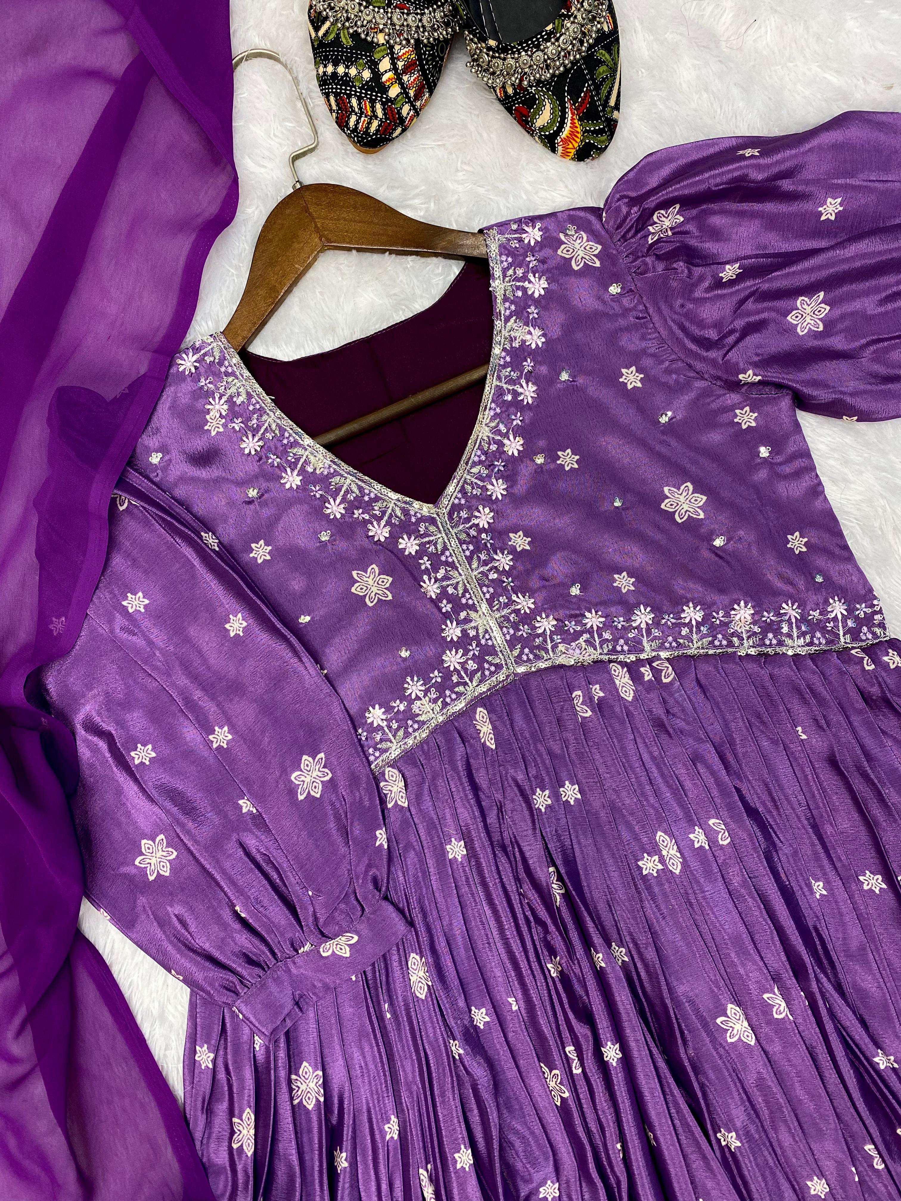 Trendy Purple Color Sequence Work Printed Aliya Cut Suit