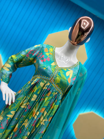 Trendy Aqua Blue Color Sequence Work Printed Aliya Cut Suit