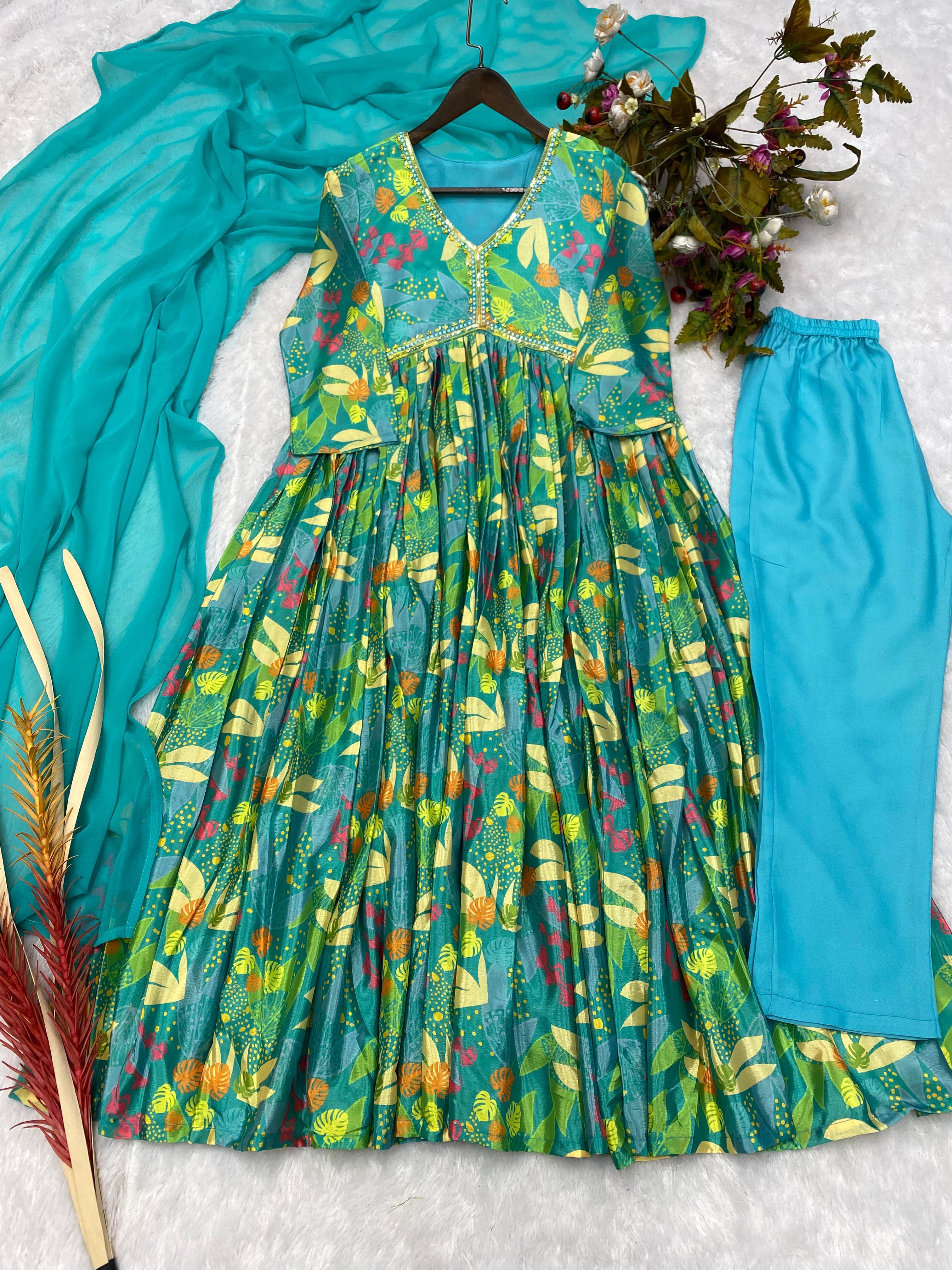 Trendy Aqua Blue Color Sequence Work Printed Aliya Cut Suit