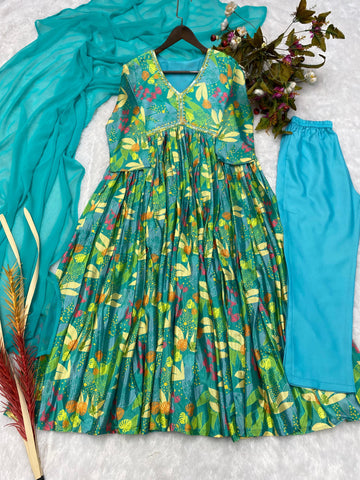Trendy Aqua Blue Color Sequence Work Printed Aliya Cut Suit