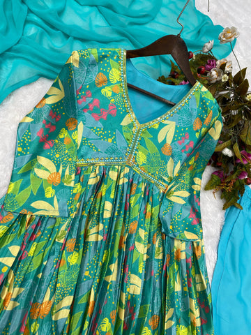 Trendy Aqua Blue Color Sequence Work Printed Aliya Cut Suit