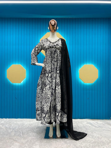 Trendy Black And White Color Sequence Work Printed Aliya Cut Suit