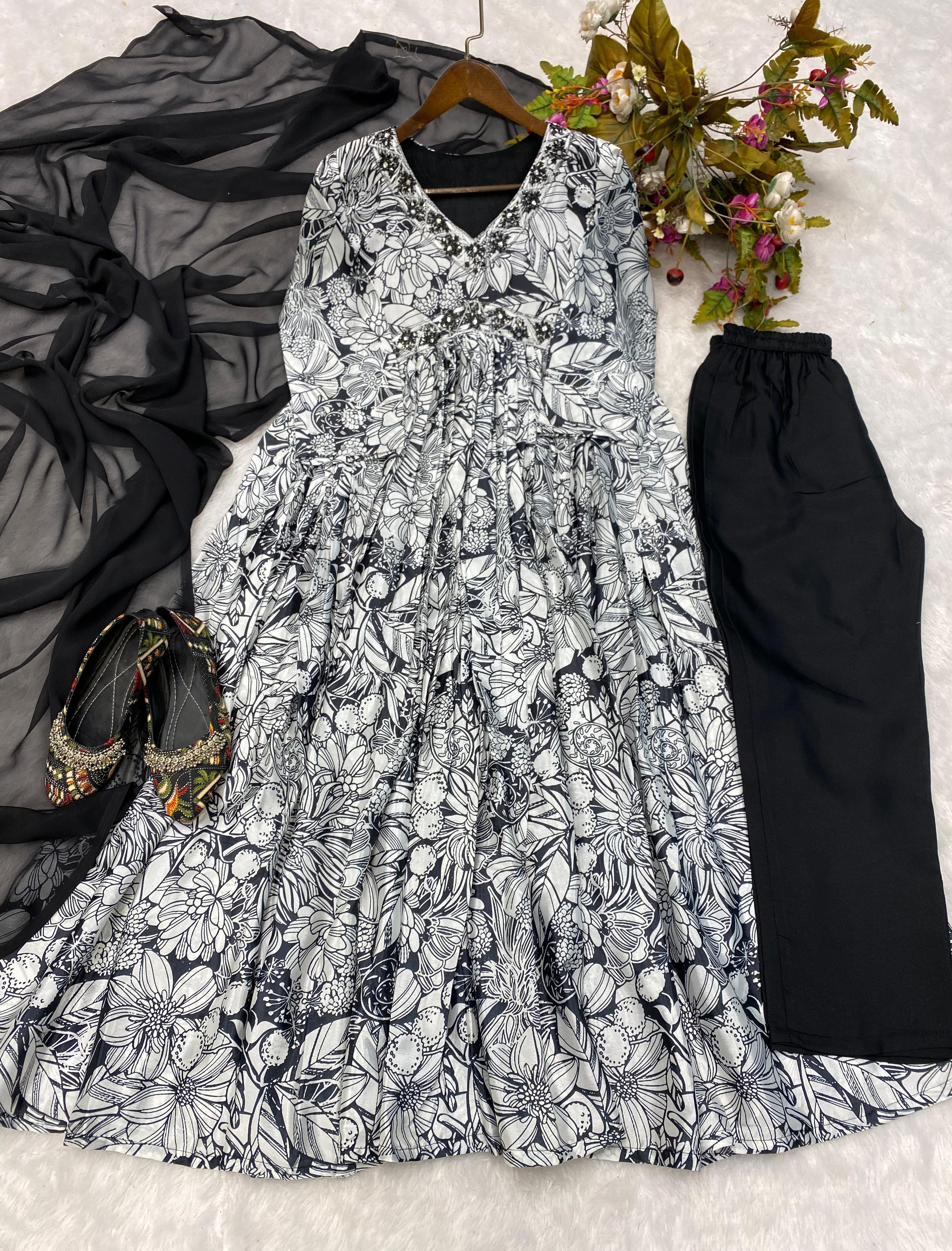 Trendy Black And White Color Sequence Work Printed Aliya Cut Suit