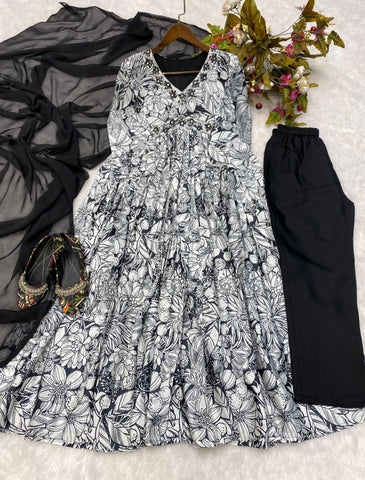 Trendy Black And White Color Sequence Work Printed Aliya Cut Suit