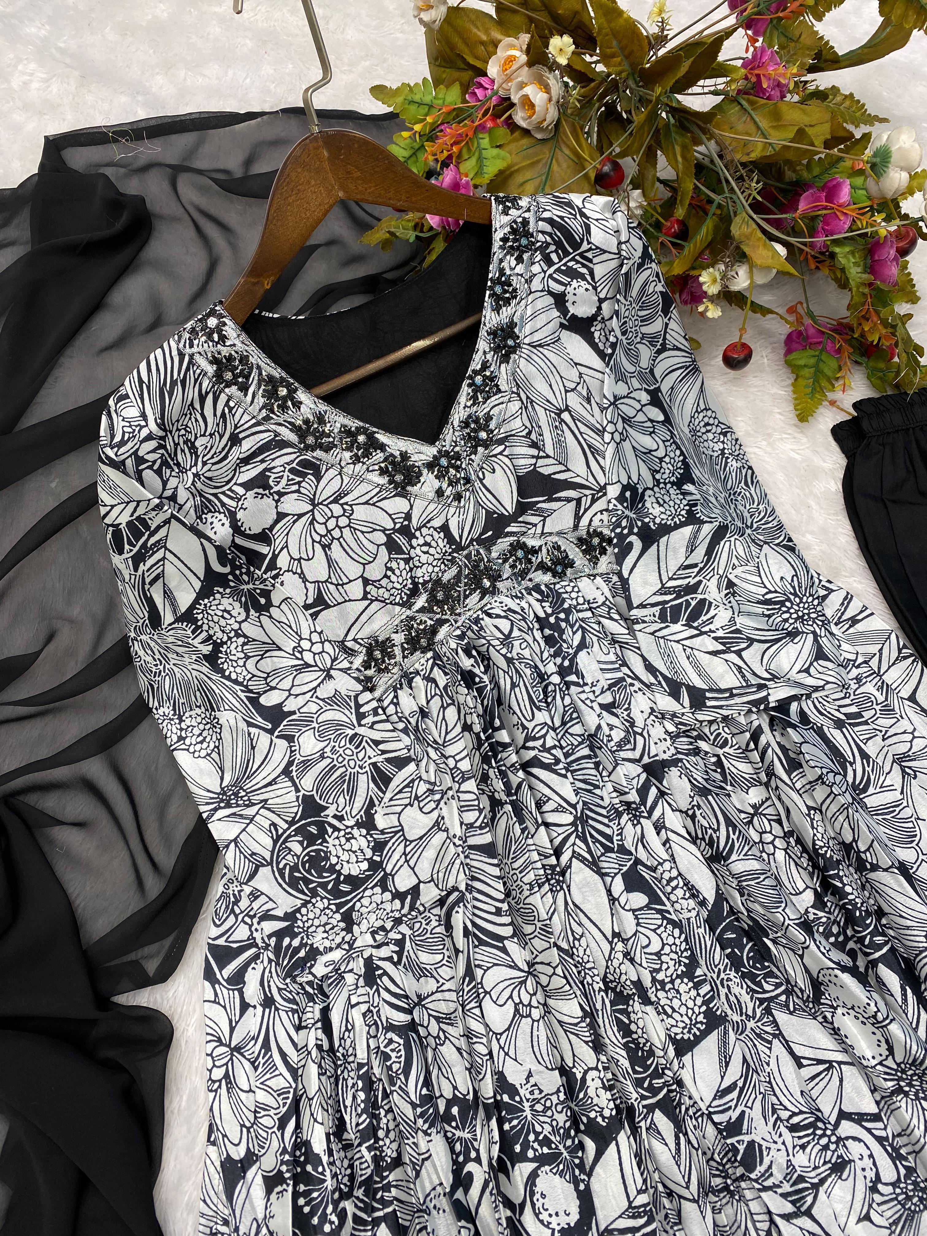 Trendy Black And White Color Sequence Work Printed Aliya Cut Suit