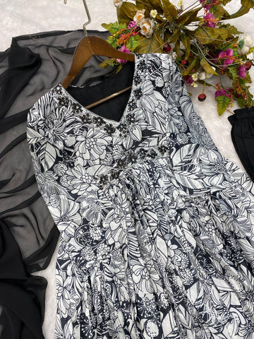 Trendy Black And White Color Sequence Work Printed Aliya Cut Suit