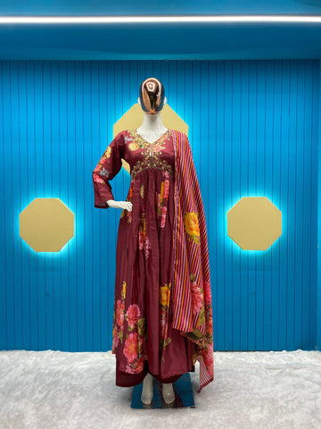 Trendy Work With Print Maroon Color Aliya Cut Suit