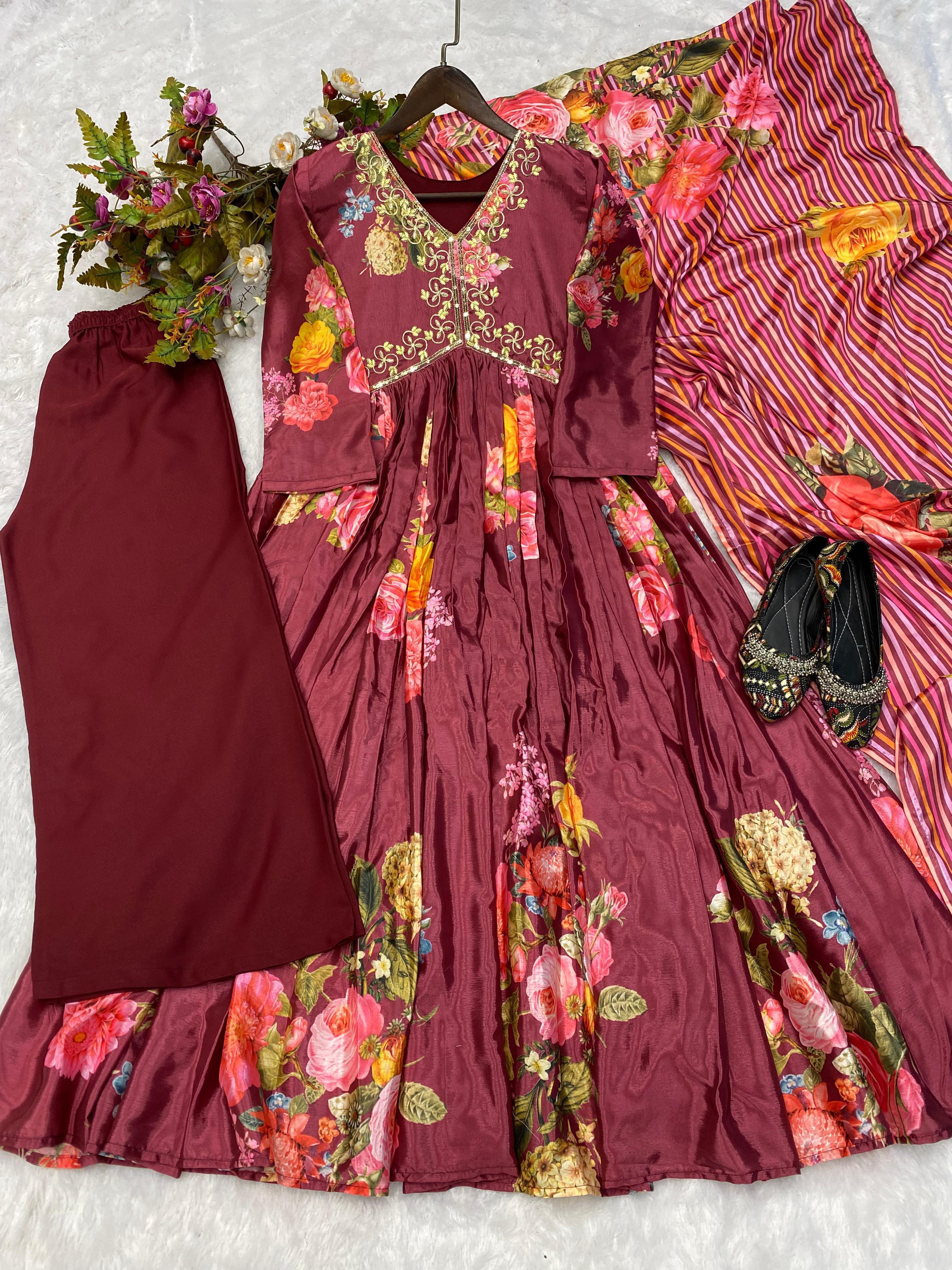 Trendy Work With Print Maroon Color Aliya Cut Suit