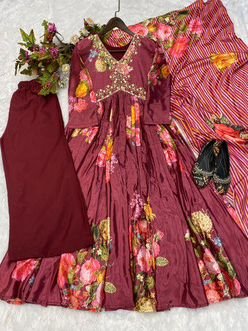 Trendy Work With Print Maroon Color Aliya Cut Suit