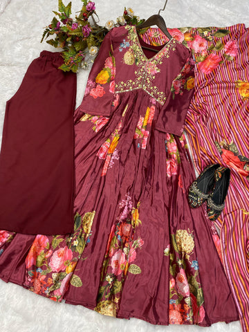 Trendy Work With Print Maroon Color Aliya Cut Suit