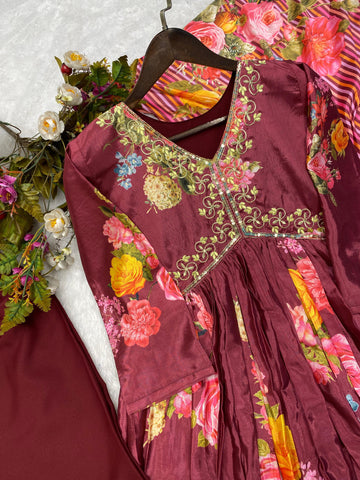 Trendy Work With Print Maroon Color Aliya Cut Suit