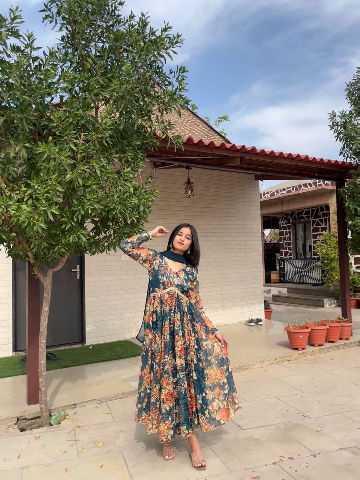 French Net Teal Blue Color Anarkali Suit