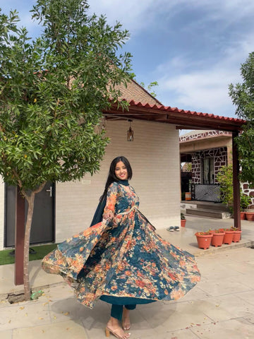 French Net Teal Blue Color Anarkali Suit
