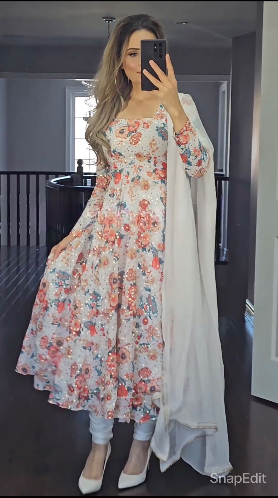 Multi Print With Work White Anarkali Suit