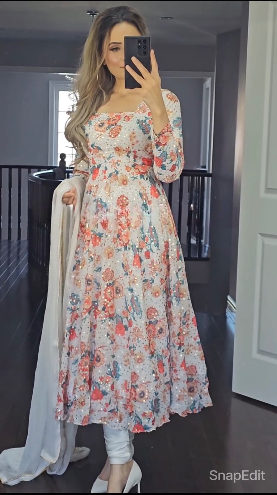 Multi Print With Work White Anarkali Suit