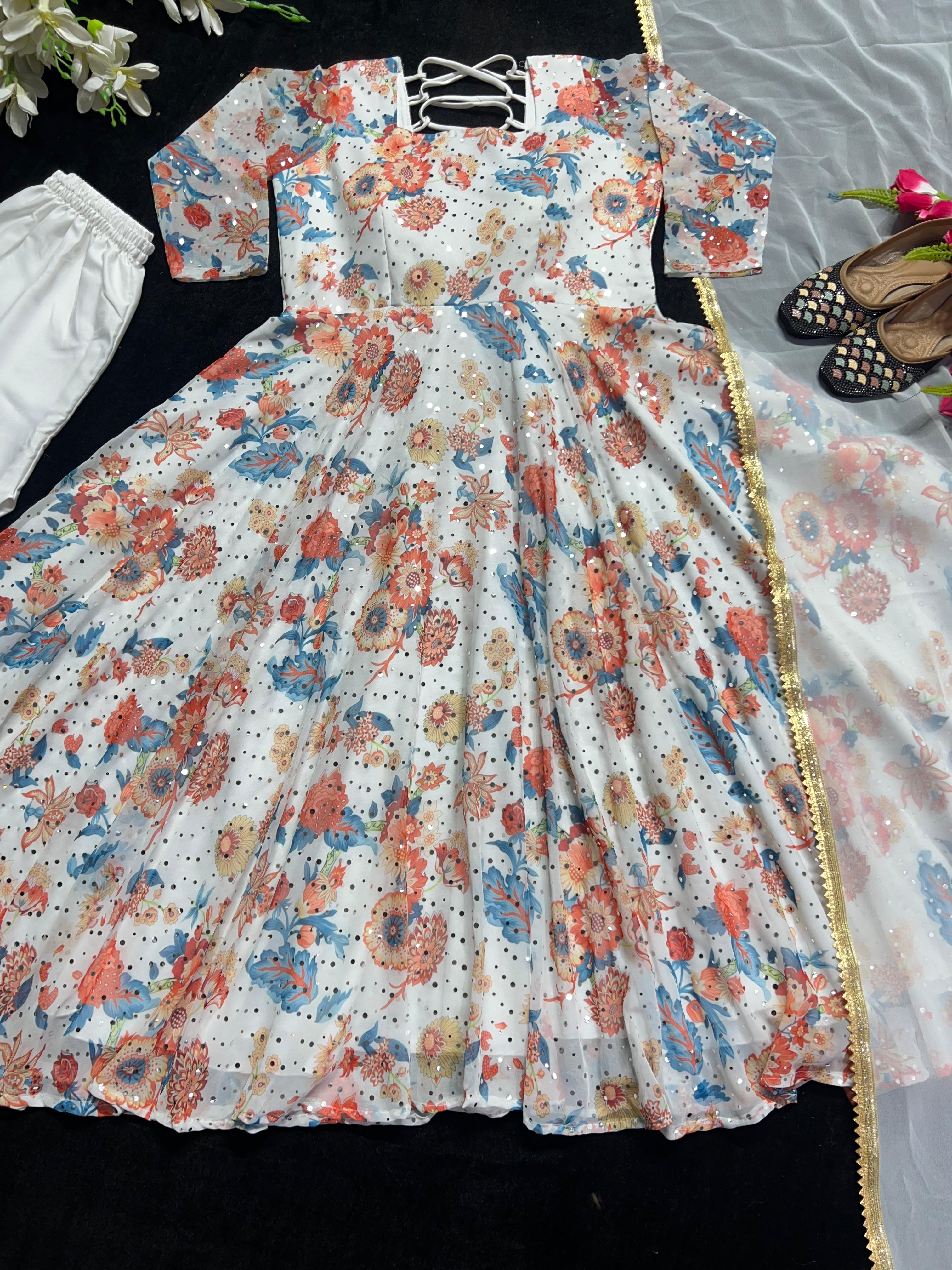 Multi Print With Work White Anarkali Suit