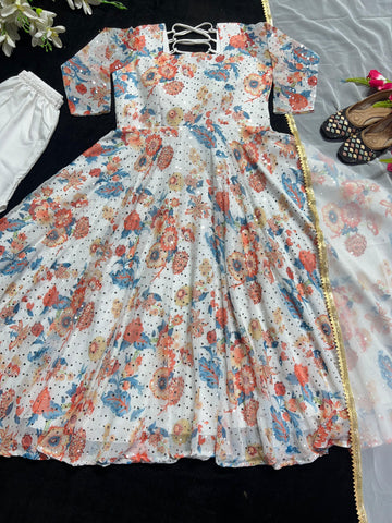 Multi Print With Work White Anarkali Suit