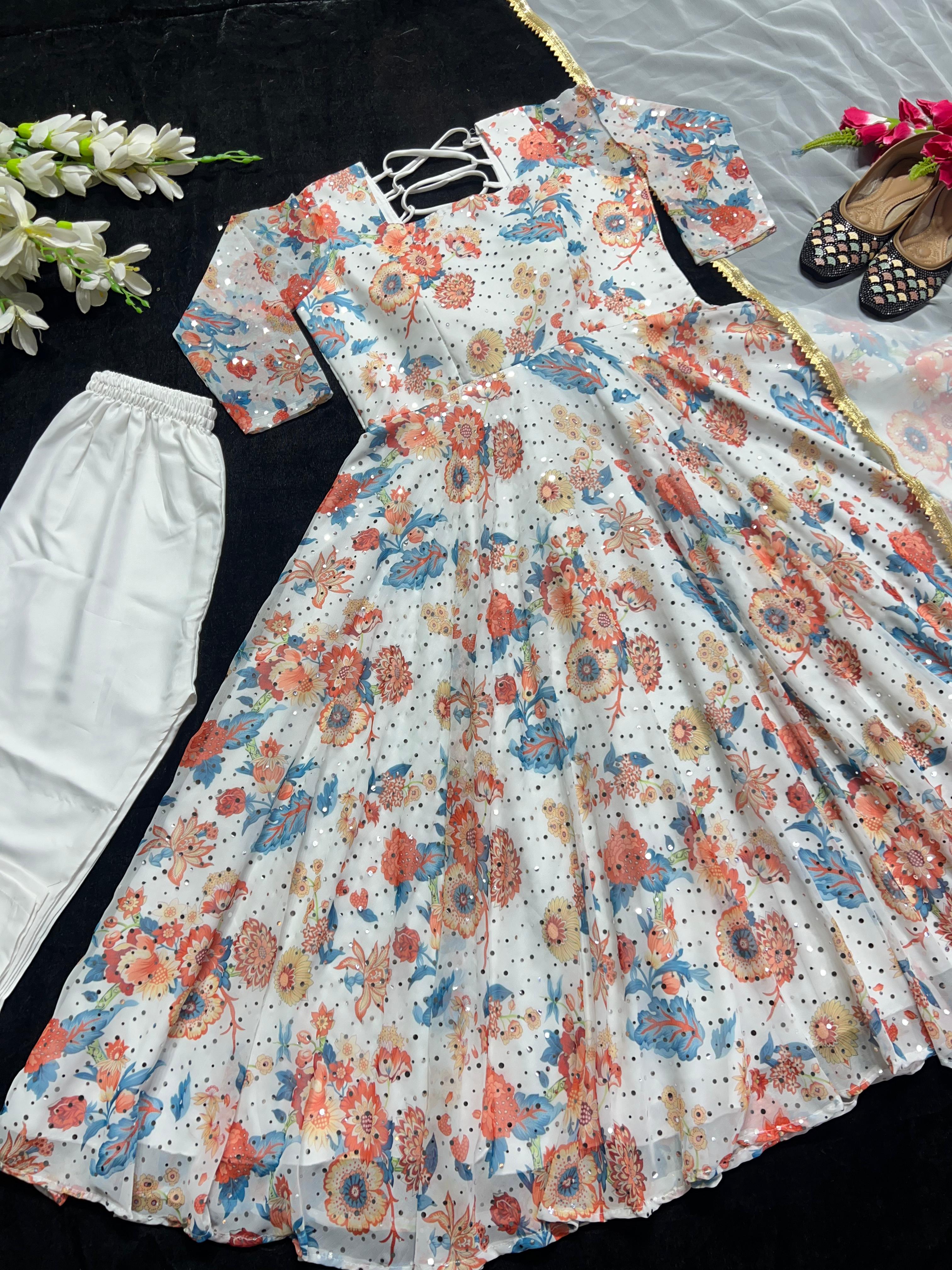 Multi Print With Work White Anarkali Suit