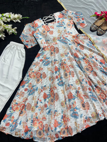 Multi Print With Work White Anarkali Suit