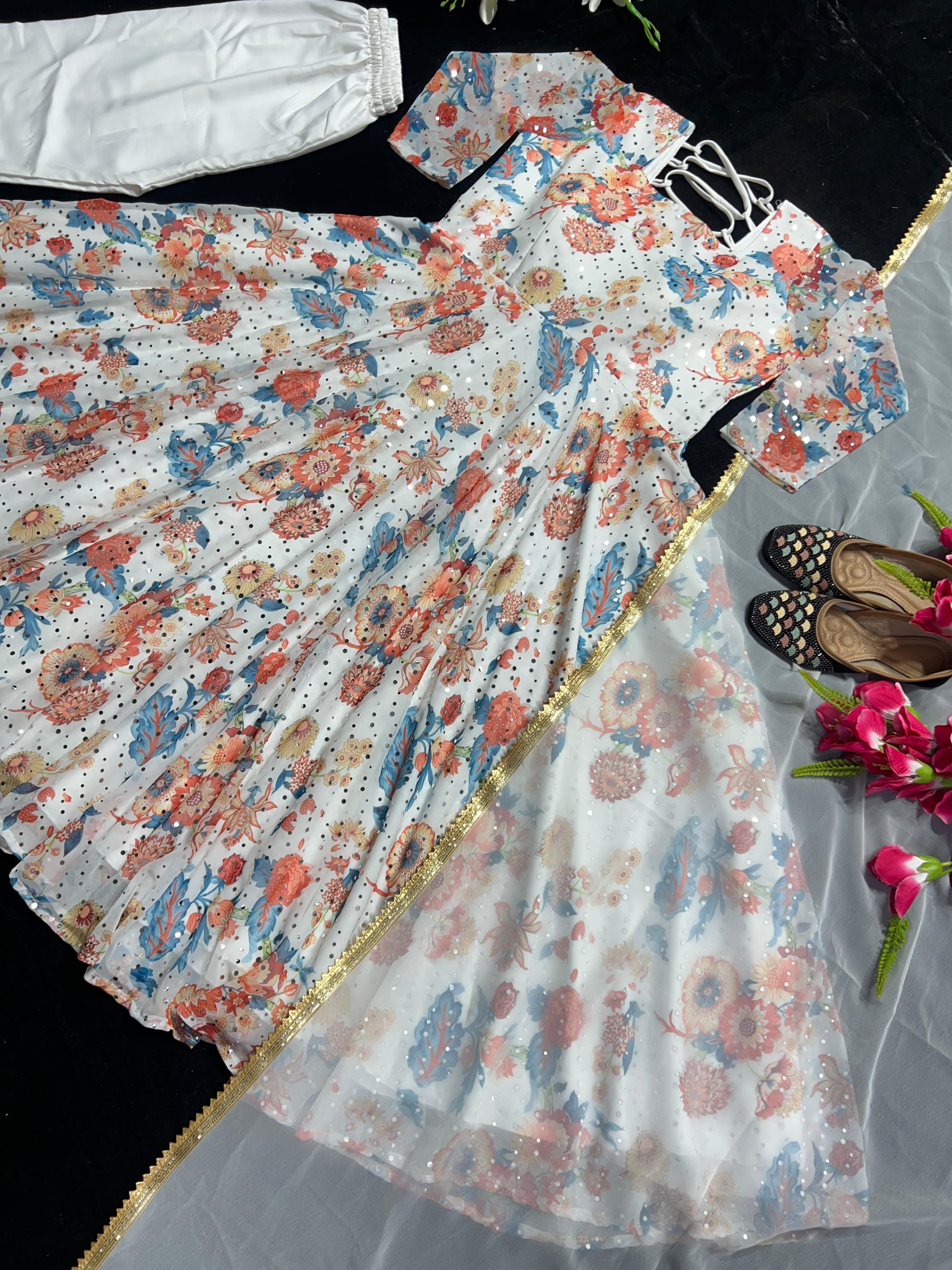 Multi Print With Work White Anarkali Suit