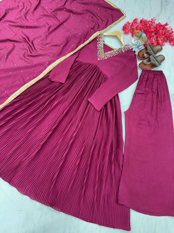 Stunning Dark Pink Color Crushed Anarkali Suit