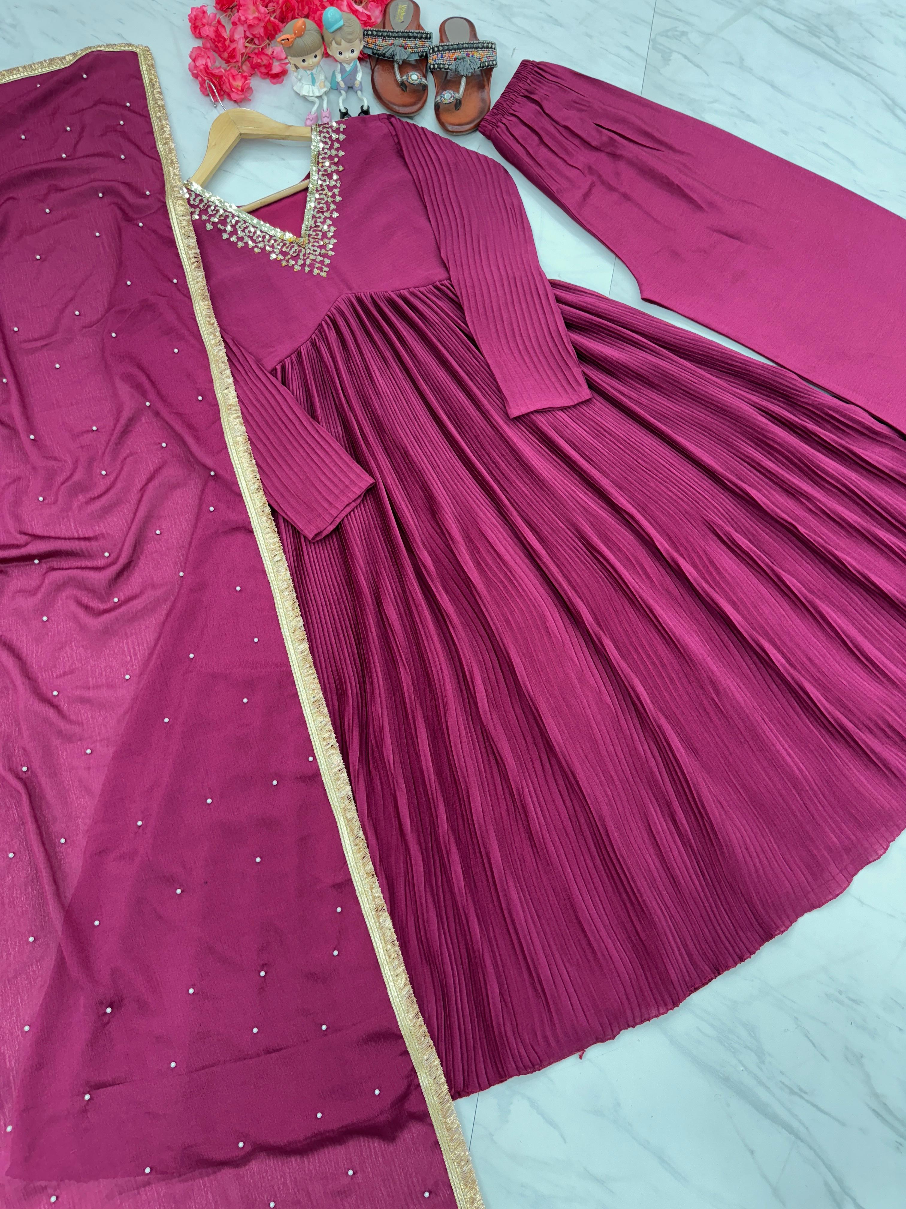 Stunning Dark Pink Color Crushed Anarkali Suit