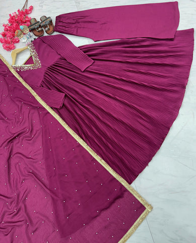 Stunning Dark Pink Color Crushed Anarkali Suit