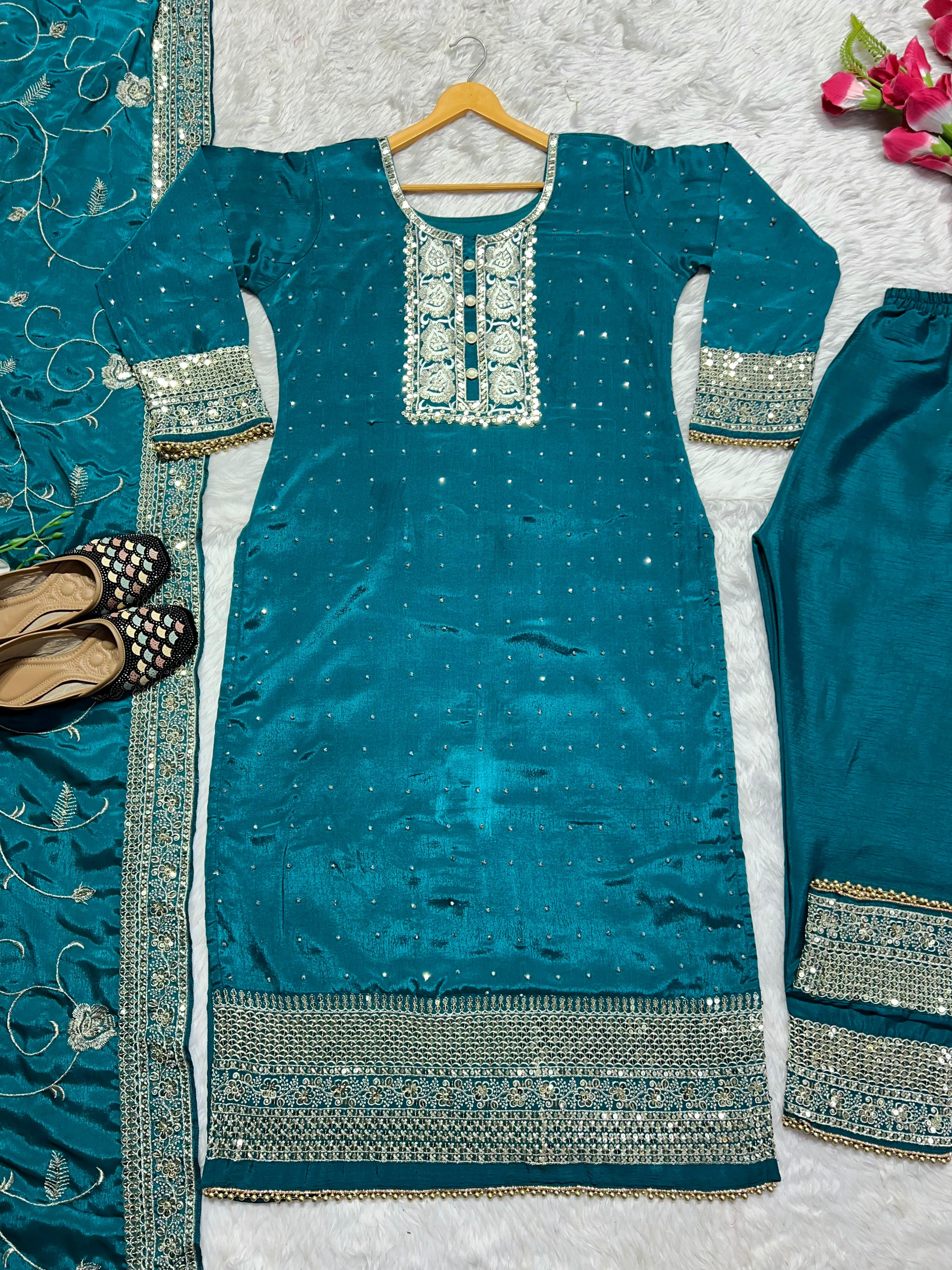 Teal Blue Color Sequence Work Kurti Pant With Dupatta