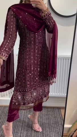 Fully Stitched Wine Thread Sequence Work Kurti Set