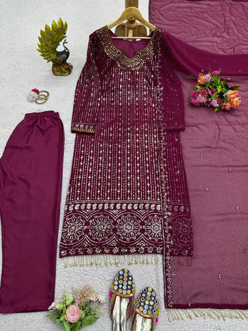 Fully Stitched Wine Thread Sequence Work Kurti Set