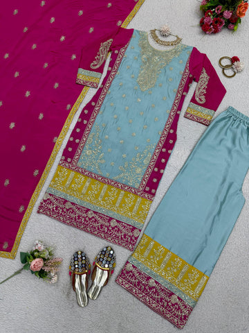 Festive Wear Sky Blue Color Heavy Work Palazzo Suit