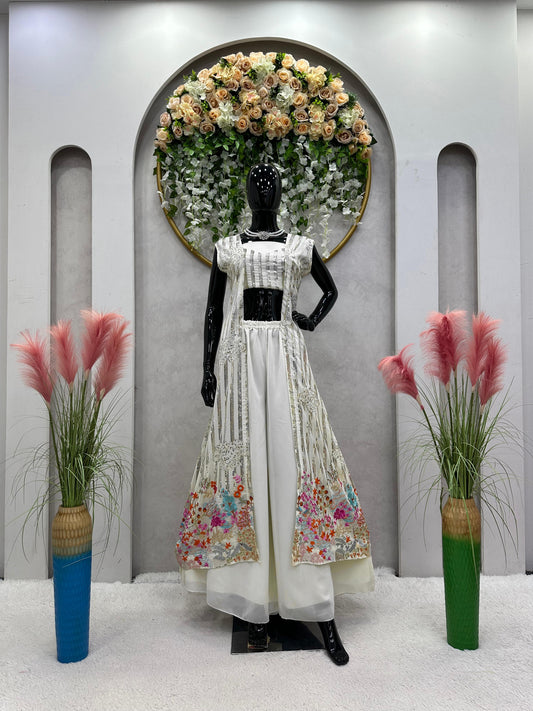 White Color Palazzo Set With Sequence Work Shrug