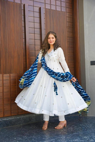 Opulent White Color Gown With Blue Dupatta